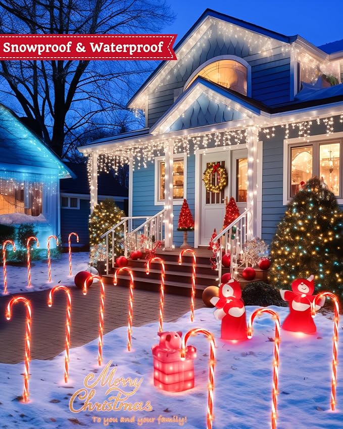 Luditek 24.5 inch Christmas Candy Cane Pathway Markers Set of 12 Christmas Outdoor Outside Decorations Lights 8 Blinking Modes Indoor Holiday Xmas Yard Patio Garden Walkway Decor