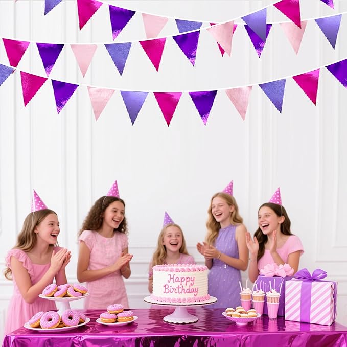 Pink and Purple Party Decorations Metallic Hot Pink Lavender Fabric Triangle Pennant Banner Flag Bunting Garland for Girls Women Birthday Wedding Baby Shower Bachelorette Engagement Party Supplies