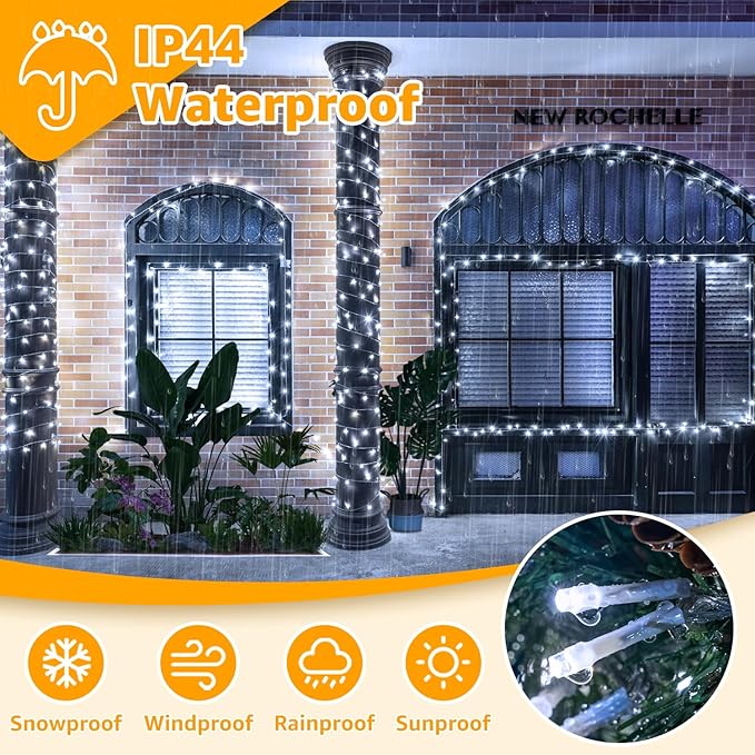 Ollny 120LED 40FT String Lights, Waterproof Connectable Fairy Lights with Timer 8 Modes, Cool White Plug in Christmas Light for Indoor Outdoor Patio Party Bedroom Classroom Decor