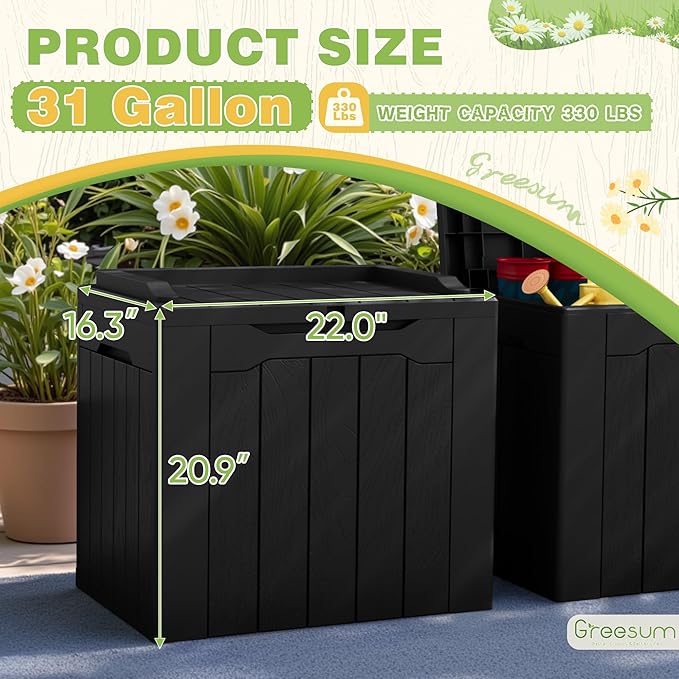 Greesum 31 Gallon Deck Box for Outside, All Weather Outdoor Storage Boxes for Patio Furniture Set, Package Delivery Box, Garden Tools, Black(Set of 2)