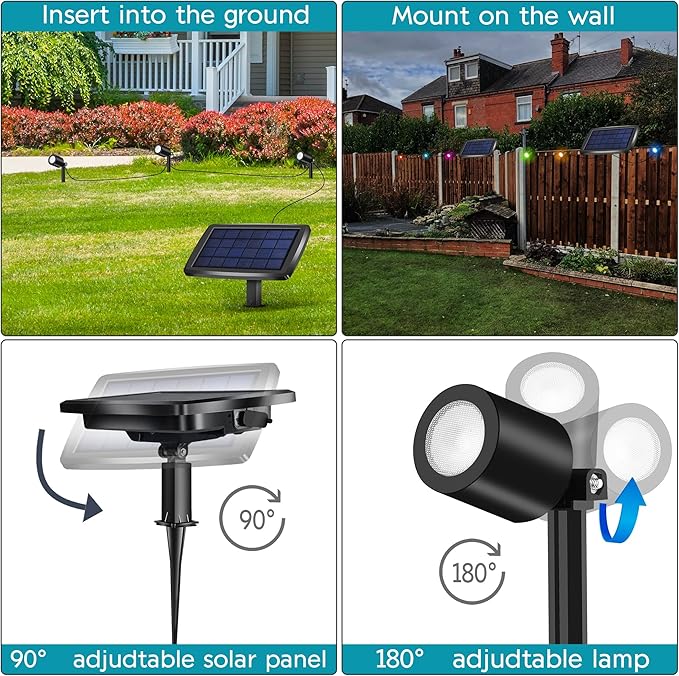 phonar Solar Spot Lights Outdoor Color Changing, 3-in-1 Solar Landscape Spotlights LED Solar Powered LED Light, IP65 Waterproof Low Voltage Landscape Lighting Festive Decoration for Yard Garden Pool