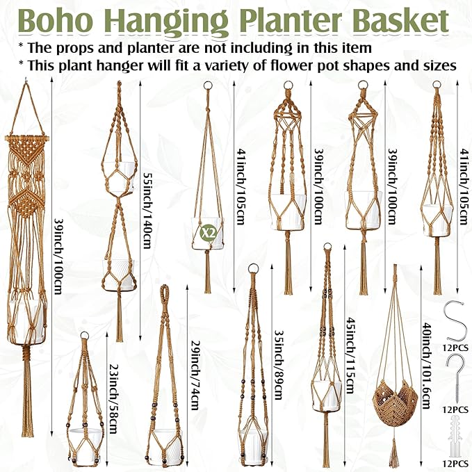 Hoteam 12 Pcs Macrame Plant Hangers Macrame Hanging Planters for Indoor Plants Handmade Boho Hanging Baskets Flower Pots Holder for Outdoor Home Wall Decor