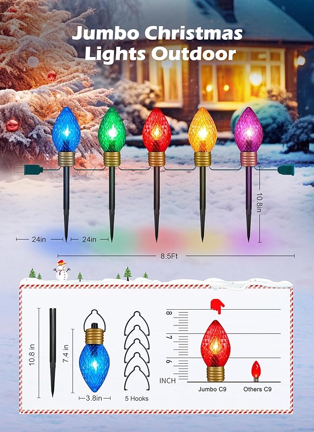 Moonflor Strawberry Jumbo C9 Christmas Pathway Lights Outdoor - 8.5 Feet 5 LED C9 Christmas Lights,C7 Lights Covered Jumbo Multicolor Christmas Lights Outdoor Decorations for Lawn Holiday Outside Yard