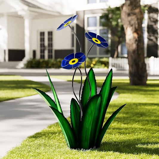Upgraded Large Metal Yard Art, Agave Plant Yard Decorations, Outdoor Sculpture, Flowers for Outside, Waterproof Garden Decor (Green + Blue Flower)