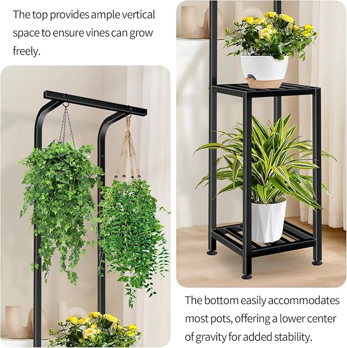Plant Stand Indoor Outdoor, 65" Tall Plant Stand Outdoor 3 Tiered Hanging Plant Shelf Heavy Duty Flower Stand Multiple Plant Metal Display Rack for Living Room Garden Balcony