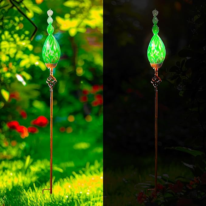 Solar Garden Lights, Decorative LED Flame Garden Stakes, Hand Blown Glass and Outdoor Waterproof Glass Stakes (Green)
