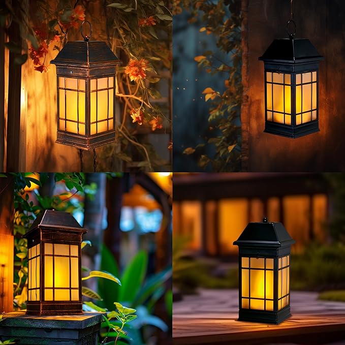 14" Solar Lantern Outdoor Waterproof, Glass Flickering Flame Solar Lanterns, Hanging Metal Lantern Decorative for Patio Front Porch Garden Backyard Tabletop Party Decoration