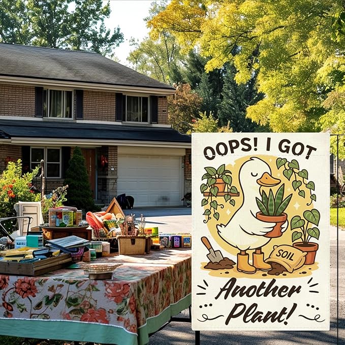 Funny Silly Goose Garden Flag Oops I Got Another Plant Lover Gift Outdoor Decorations Small Double Sided Burlap art Stained Glass Style Garden Flags 12 x 18 Inch for Outside