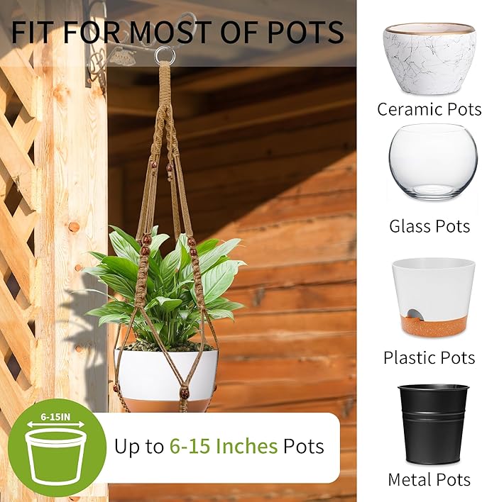 43 Inch Macrame Plant Hanger - Fits 6-15 Inch Pots, Extra Long Hanging Planter Holder for Indoor Outdoor, with Red Wood Beads, Boho Home Decor, 2 Pack, Brown (POTS NOT Included)