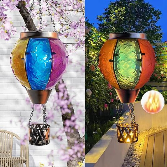 Solar Hot Air Balloon Lantern with Flickering Flame, Hanging Solar Lantern Garden Lights Glass Outdoor Waterproof Candle LED Lights for Garden/Yard/Patio Decor Mother's Day Gifts (Colorful)