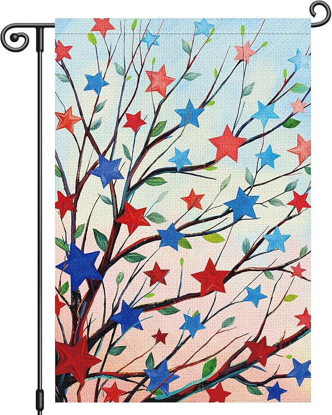 Louise Maelys 4th of July Garden Flag Patriotic Five-pointed Stras Tree Independence Day 12x18 Inch Welcome Double Sided Stars and Stripes Small Burlap Yard Sign Outside Outdoor House Decor