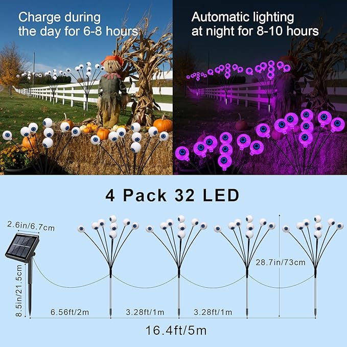 Solar Eyeball Lights Outdoor Waterproof 4 Pack 32 LED Halloween Eyeball Lights 8 Modes Scary Eyeballs Swaying Lights Eyeballs Halloween Decoration for Outside Yard Garden Party Decor (Purple)