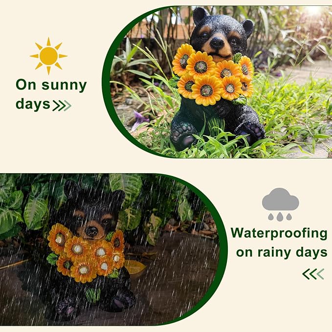 Solar Garden Lights Outdoor Statues Black Bear with Sunflowers, LED Lighted Garden Decor Waterproof Figurines for Patio Porch Balcony Yard Lawn Lantern, Unique Garden Statues for Housewarming Gifts
