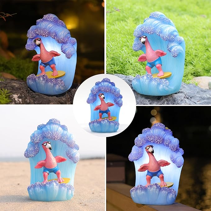 Pink Flamingos for Yard-Garden Statues Solar Outdoor Decor - Surfing Hawaii Beach Yard Art Light up Sea Wave Decor for Patio Lawn Yard