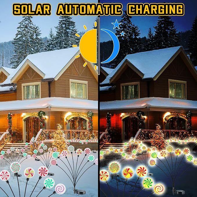 4 Pack 8 Patterns Christmas Decorations with 32 Lollipop Christmas Lights, Solar Christmas Lights Outdoor Waterproof with 8 Modes, Christmas Peppermint Candy Pathway Yard Decor for Garden/Lawn/Patio