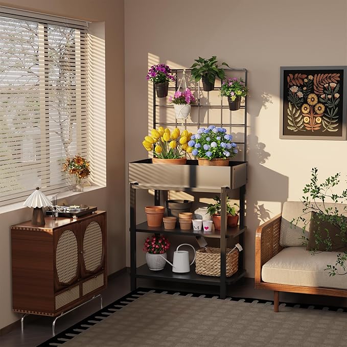 Metal Raised Garden Bed with Trellis, Elevated Planter Box with Legs for Outdoor Patio, Iron Standing Garden Box for Vegetables, Herbs, Flowers, Climbing Plants