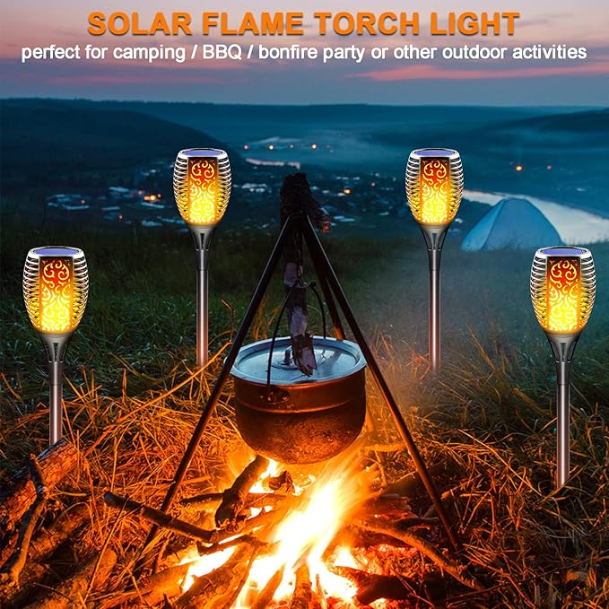 Solar Torch Lights 8 Pack - Outdoor Waterproof Solar Tiki Torches with Realistic Flickering Flame, 3-in-1 Hanging Lanterns, Fire Effect Landscape Decoration for Garden, Pathway, Yard & Patio