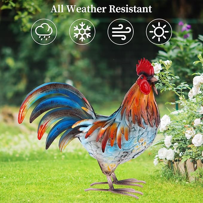Metal Rooster Decor Garden Statue,Yard Chicken Decorations Outdoor Sculpture for Backyard Patio Kitchen Lawn Ornaments,Birthday Housewarming Gifts for Women Mom