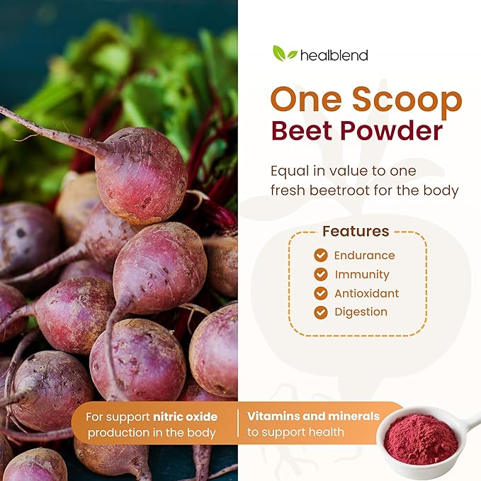 healblend Organic Beet Root Powder with Raspberry Powder, Organic Natural Acai, Vitamin C, Niacin, Berry Flavored, 30 Day Supply