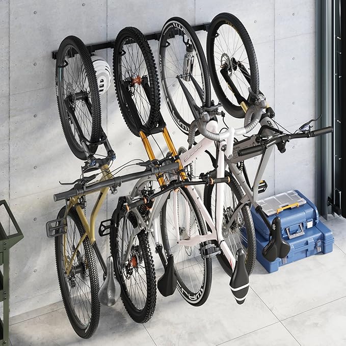 monTEK Enhanced Bike Storage Rack, Adjustable 4-Bike and 2-Helmet Hangers for Indoor Bike Storage, Customizable for Various Bike Sizes, Heavy-Duty Steel Bike Wall Mount, Max Load 265lbs, 48-in