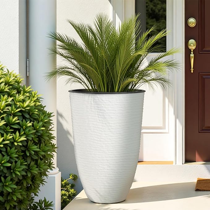 WORTH Garden 2-Pack 21" H. White Tall Planters with Inside Pots - 14'' Dia Plastic Large Round Plant Tree Pots - Decorative Imitation Stone Finish for Indoor Outdoor Front Porch Container Patio