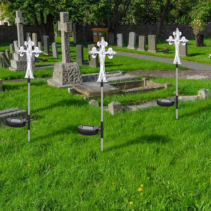 Riakrum 4 Piece Solar Cross for Cemetery Grave Grave Crosses for Cemetery Memorial Stake Solar Lights Waterproof Outdoor Garden Stake Cemetery Cross for Grave Yard Decorations, 16 Inches Long
