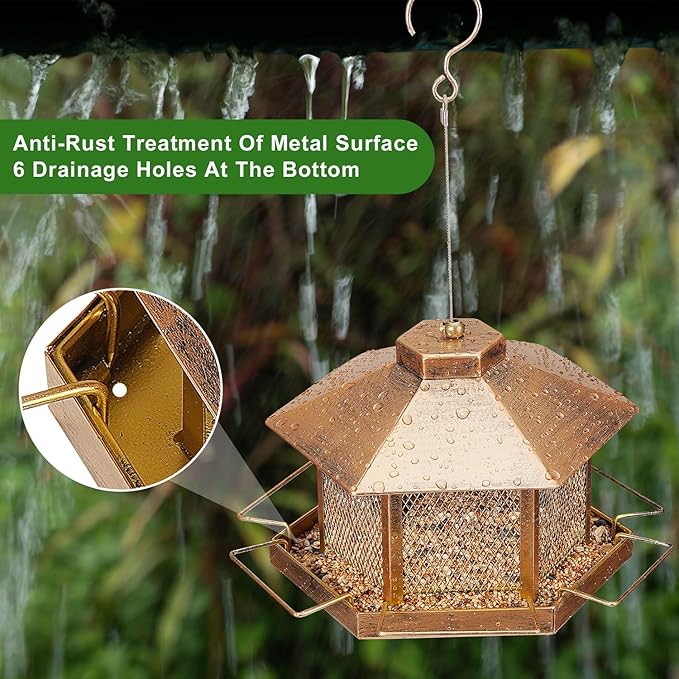 Metal Bird Feeder for Outdoor Hanging, 4.6LB Large Capacity, Garden Decoration - Attracts Wild Birds, Durable Outdoor Bird Feeding Station for Garden Yard Outside Backyard (Extra Large Gold)