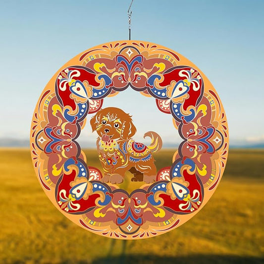 Dog Wind Spinner Colorful 12 inch 3D Stainless Steel Laser Cut Metal Double Sided Printing-Hanging Indoor/Outdoor Decorations Yard Gardening Decor,Metal Kinetic Art Ornament Gifts