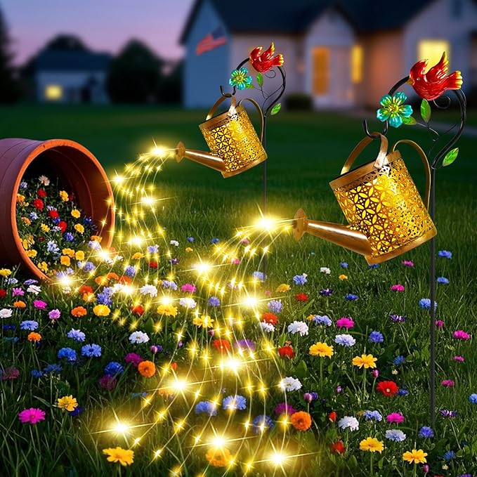 Solar Lights Outdoor, Watering Can with Cascading Lights, Watering Can with Hook Solar Lantern, Gardening Decor for Yard Patio, Gardening Gifts for Mom Grandma Women (2 Pack)