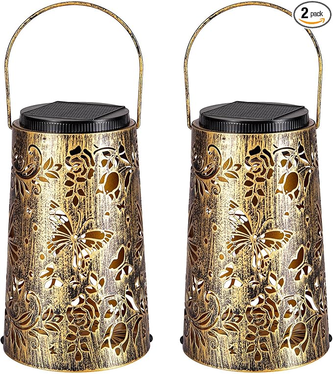 Solar Lanterns Butterfly Warm Cool Light Outdoor Waterproof Metal Decor Home Garden Yard Backyard Porch Table Pathway for Women Grandma Gifts 2pcs