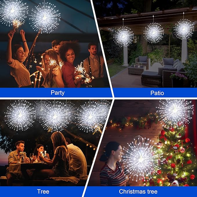 Solar Firework Lights Outdoor, 1000 LED Starburst Light Outdoor with USB Rechargerable, 8 Modes Waterproof Solar Hanging Lights for Gazebo Yard Party Wedding Decorations (White, 1000 LED)