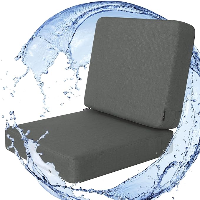 Favoyard Outdoor Deep Seat Cushion Set, 19 x 19 Inch Rainproof & 3-Year Fade Resistant Patio Furniture Cushions, Removable Seat Bottom & Back Cushion covers with Ties for Chair, Sofa, Couch, Dark Grey