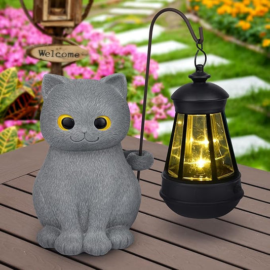 Solar Garden Statue Cat Figurine, Grey Cat Outdoor Statue Garden Decor with LED Light for Yard Patio Lawn Balcony Ornament, Home Decor Housewarming Gifts for Mom Grandma Dad