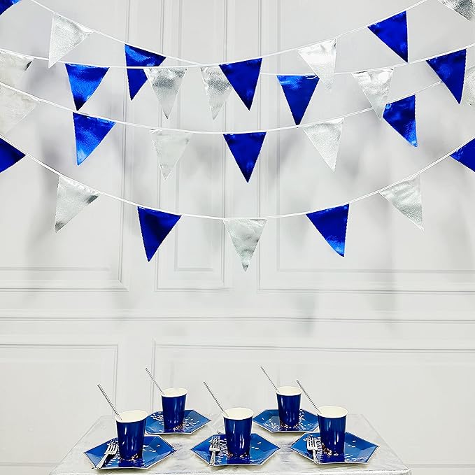 Royal Blue Silver Party Decorations Navy Blue Triangle Pennant Banner Flag Metallic Fabric Bunting Garland for Birthday Graduation Wedding Retirement Nautical Ahoy Achor Pirate Theme Party Supplies