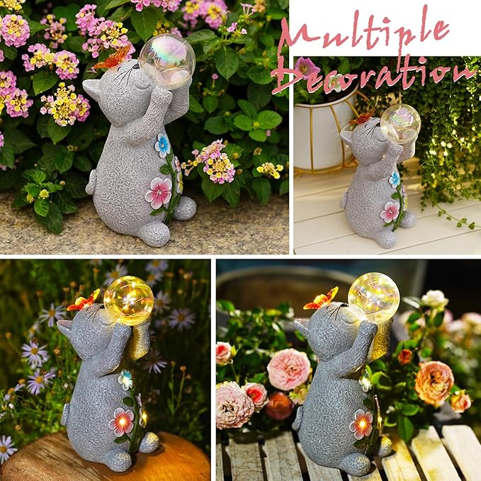 Solar Cat Outdoor Garden Statues : Outside Decor with Lights Clearance for Yard Art Lawn Ornaments Porch Patio Balcony Home House - Birthday Gifts for Grandma Mom Women