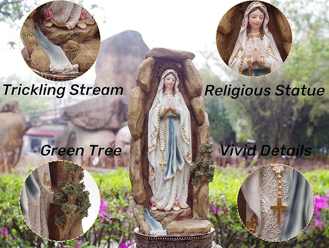 MeritMode Virgin Mary Collectible Figurines - Our Lady of Lourdes in Grotto Design, Handcrafted Resin Religious Gifts Decor for All Faiths, 12.5" H