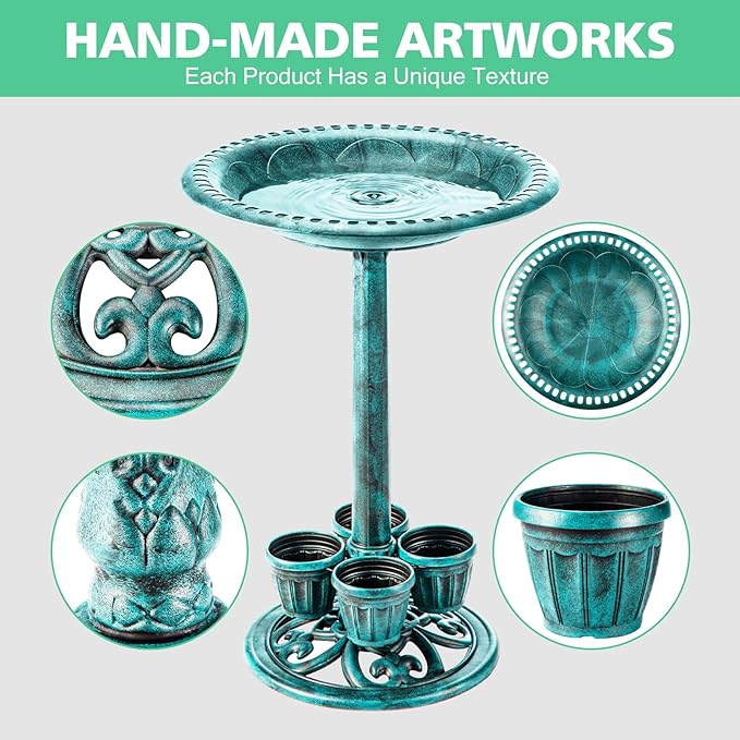 Bird Bath for Outside with 4 Removable Flower Planters 28in Polyresin Lightweight Vintage Birdbath Stake Standing Bowl and Water Feeder Yard Gardan Decor Green