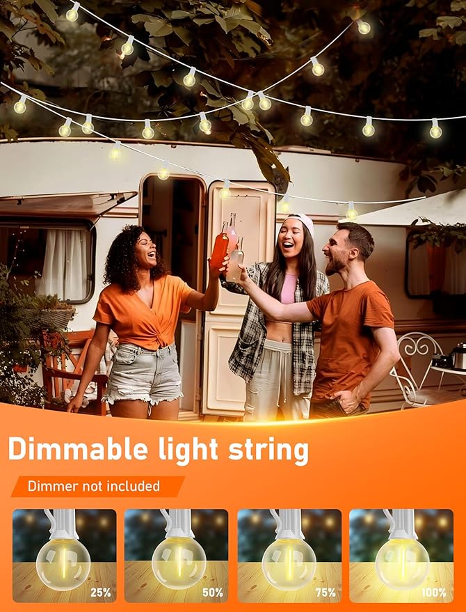 25Ft LED String Lights Outdoor, G40 Globe Patio Lights with 27 Shatterproof LED Bulbs, Waterproof Dimmable Hanging Light for Patio Wedding Bistro Party Yard Decor, E12 Socket Base, White Wire
