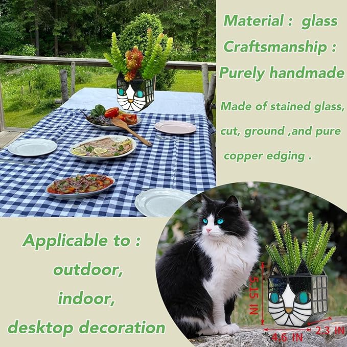 Tiffany Cute Cat Stained Glass Flower Pots,Indoor and Outdoor Plant Displays,Cat Plant Planter,Candle Holder Container Decoration 4.6 x 5.15 x 2.3 inch(11.7 x 13.1 x 5.8 CM)(Without Succulents)Black