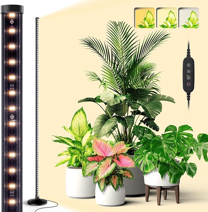 Standing Grow Lights for Indoor Plants,T10 Full Spectrum Vertical Grow Light Wide Illumination Area,16in-65in Adjustable Height Plant Light with Stand,3 Light Modes Floor Grow Light with Timer