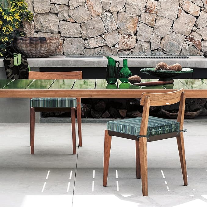 Sunbrella Square Corner Seat Cushions, 19" x 19" x 3", Set of 4, Indoor Outdoor Water Repellent Universal Chair Pads with Ties for Patio Furniture, Garden Deck Dining Chairs, Beach Stripe Lagoon