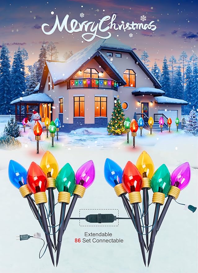 2 Pack Jumbo C9 Christmas Pathway Lights Outdoor Decorations Lawn with Stakes,Tota 17Ft 10 LED String Lights Covered Jumbo Multicolored Walkway Lights Bulb for Holiday Outside Yard Garden Decor