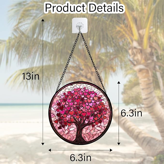 Stained Glass Window Hanging, Pink Love Tree of Life Sun Catchers Colorful Glass Panel Suncatcher Decor for Birthday for Women, Men, Wife, Lovers, and Mom 6.3 in