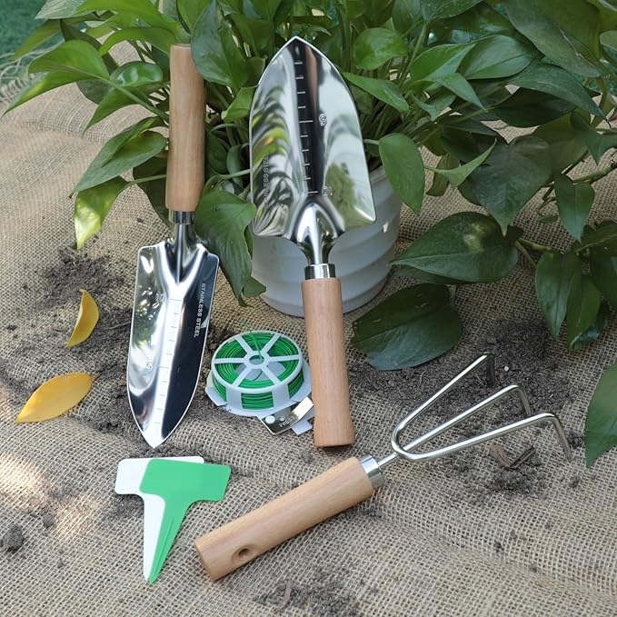 Garden Tool Set, 3 Pieces Gardening Kit with Garden Plant Twist Tie and Plastic Plant Tag, Stainless Steel Heavy Duty Garden Tools with Wooden Handle, Gardening Gifts for Women