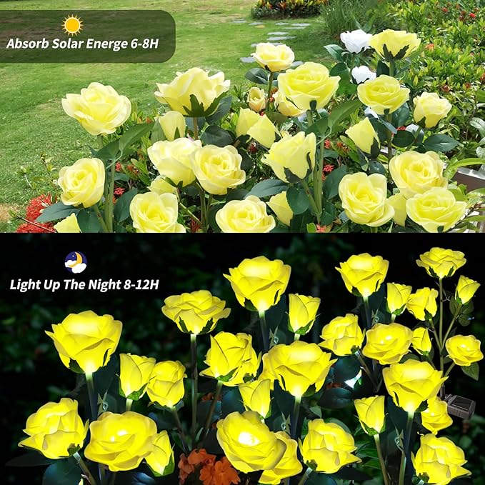 Solar Garden Lights, Solar Outdoor Lights with More Realistic 10 Rose Waterproof Solar Powered Flowers Lights for Outside Patio Yard Pathway Decorations, 2 Pack Yellow