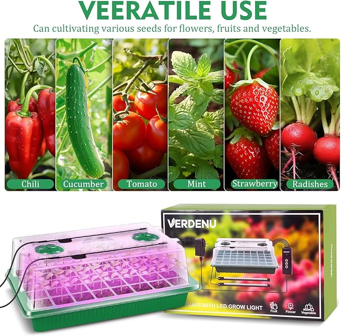 Verdenu Seed Starter Tray with Grow Light, 2 Pack 80 Cells Seed Starter Kit with Humidity Dome, Adjustable Brightness Seed Tray with Smart Timer, 3 Modes, 4 Timing, Seed Germination Kit for Indoor