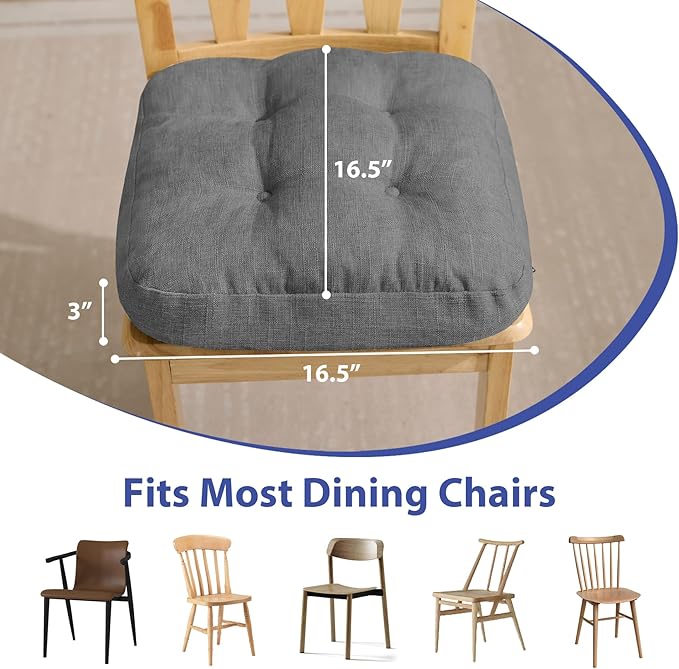 Chair Cushions for Dining Chairs, Dining Chair Cushions, Tufted Indoor Chair Pads with Ties & Non Slip Backing, Seat Cushions for Kitchen Chairs 16.5” x 16.5” x 3.5”, Set of 4, Grey