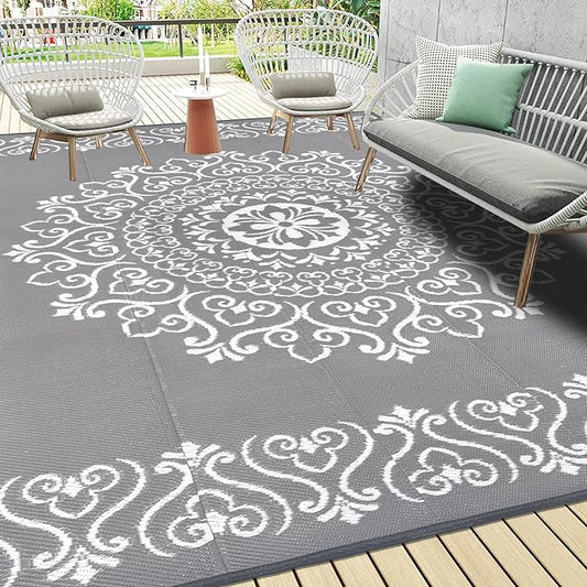Pauwer Waterproof Outdoor Rug 8x10, Reversible Plastic Straw Patio Camping Rug, Indoor Outdoor RV Mat Carpet for Deck, Camper, Porch, Balcony, Backyard, Picnic, Floral Grey