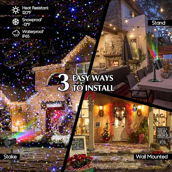 Laser Christmas Projector Lights Outdoor, 3 Color Laser Projector Light, Moving Firefly Lights Show w/Remote & Timer, Waterproof Holiday Christmas Decorations for Garden Yard Party Wedding Home Decor