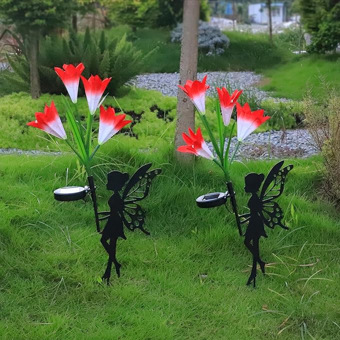 2 Pack Solar Lights Outdoor Waterproof, Outdoor Fairy Solar Lights for Yard with Flower Lights, Color Changing Solar Garden Lights, Solar Fairy Garden Decor for Patio, Lily Flower Light Gifts for Mom